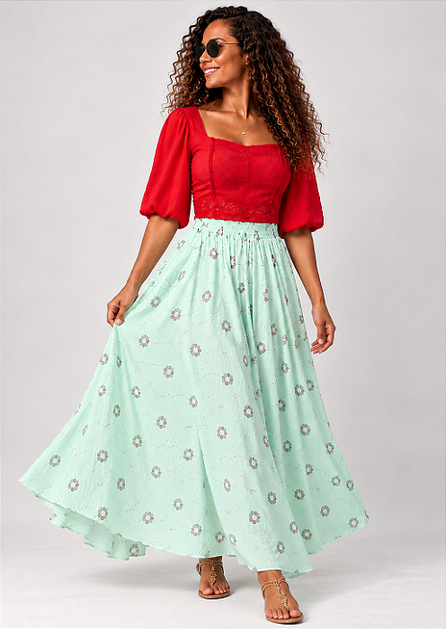 Saia Indiana Boho Chic Bordada - Verde