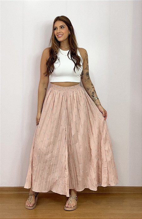 Saia Rosa Dança Carimbó Boho Chic Cigana Com Forro