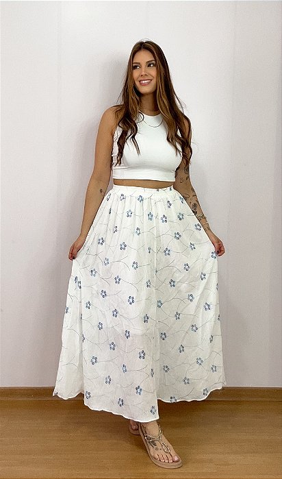 Saia Dança Carimbó Boho Chic Branca com Azul Cigana Com Forro