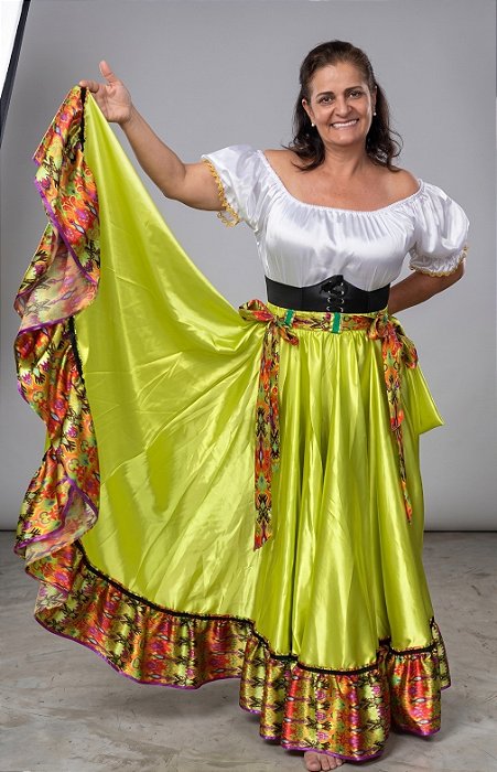 Saia Longa Cigana Modelo 1 Babado com 14 metros de roda Verde Lima