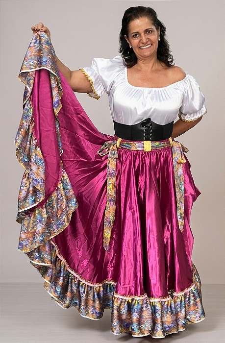 Saia Longa Cigana Modelo 1 Babado com 14 metros de roda Rosa