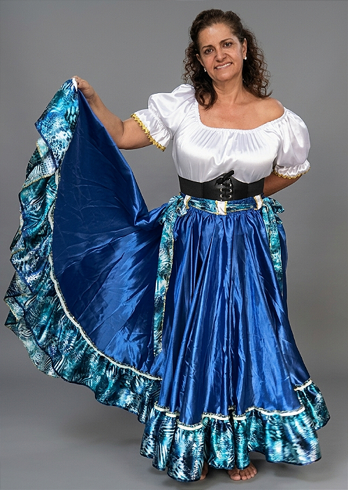 Saia Longa Cigana Modelo 1 Babado com 14 metros de roda Azul