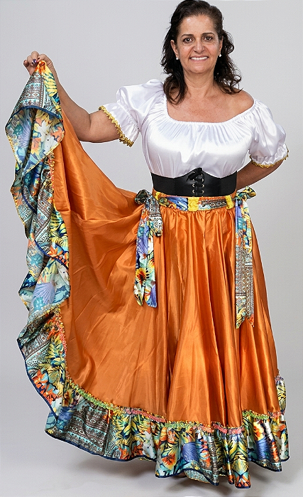 Saia Longa Cigana Modelo 1 Babado com 14 metros de roda Laranja