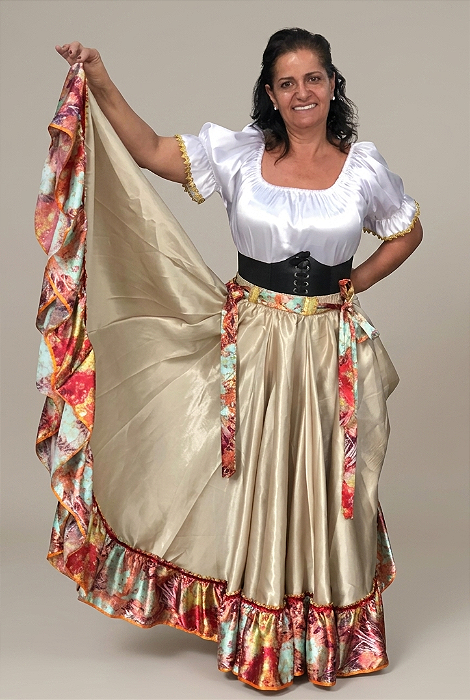 Saia Longa Cigana Modelo 1 Babado com 14 metros de roda Dourado