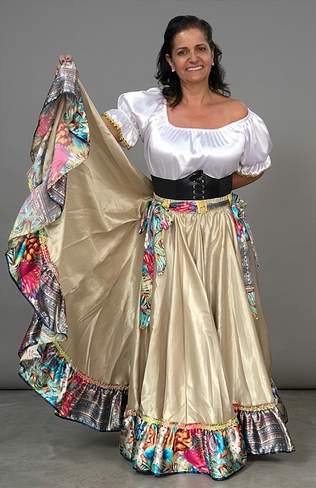 Saia Longa Cigana Modelo 1 Babado com 14 metros de roda Dourado C/ Floral