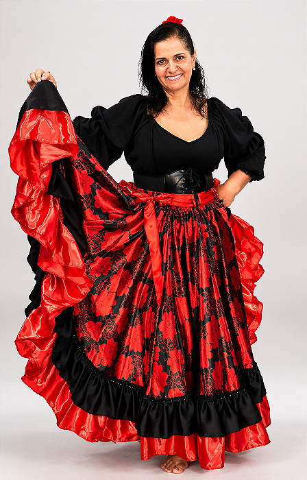 Saia Longa Cigana Modelo 2 Babados com 14 metros de roda Vermelha