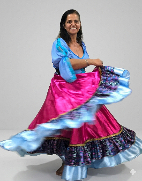 Saia Longa Cigana Modelo 2 Babados com 14 metros de roda Rosa