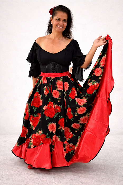 Saia Longa Cigana Modelo Pontas com 10 metros de roda Vermelha