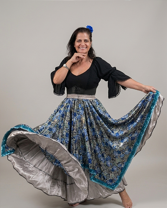 Saia Longa Cigana Modelo Pontas com 10 metros de roda Cinza