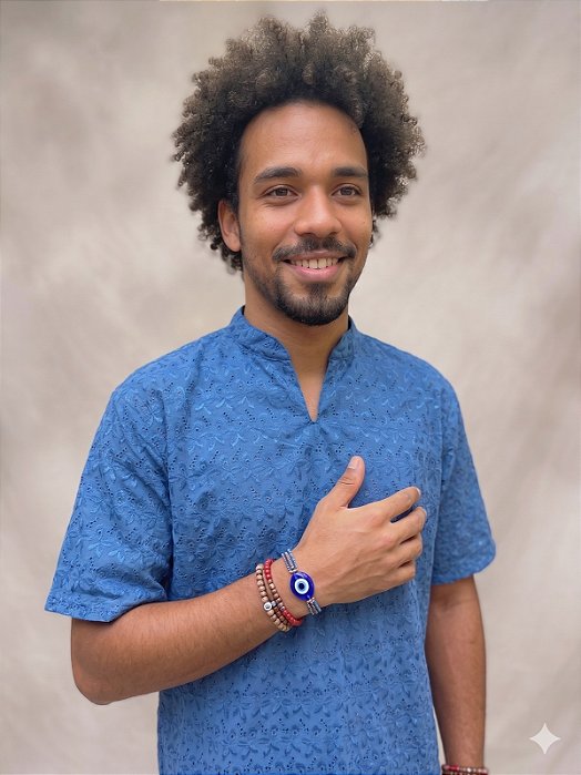 Camisa Masculina Estilo Bata em Lese Umbanda Candomblé Azul