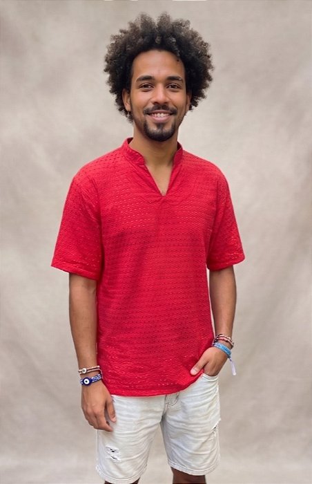 Camisa Masculina Estilo Bata em Lese Umbanda Candomblé Vermelha