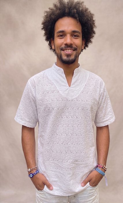 Camisa Masculina Estilo Bata em Lese Umbanda Candomblé Branca