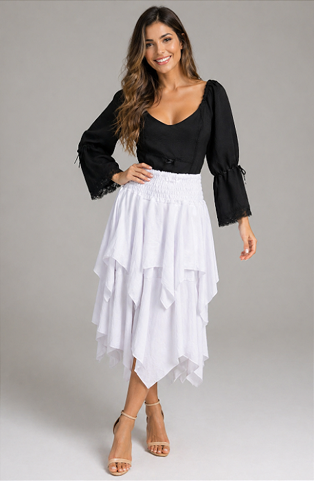Saia Midi Estilo Boho Chic Modelo Pontas Moda Luxo Branca