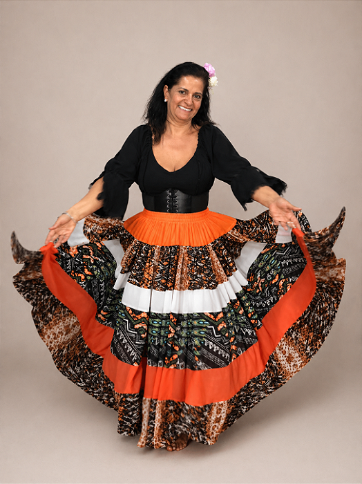 Saia Longa Cigana Modelo Patchwork com 12 metros de roda Laranja