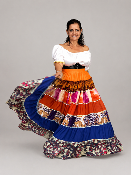 Saia Longa Cigana Modelo Patchwork com 12 metros de roda Laranja