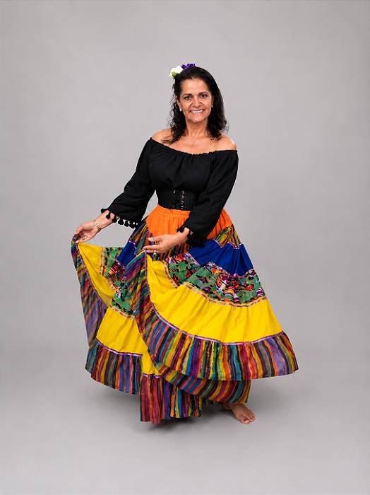 Saia Longa Cigana Modelo Patchwork com 12 metros de roda Amarela