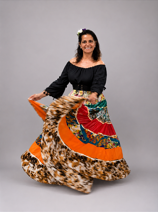 Saia Longa Cigana Modelo Patchwork com 12 metros de roda Laranja
