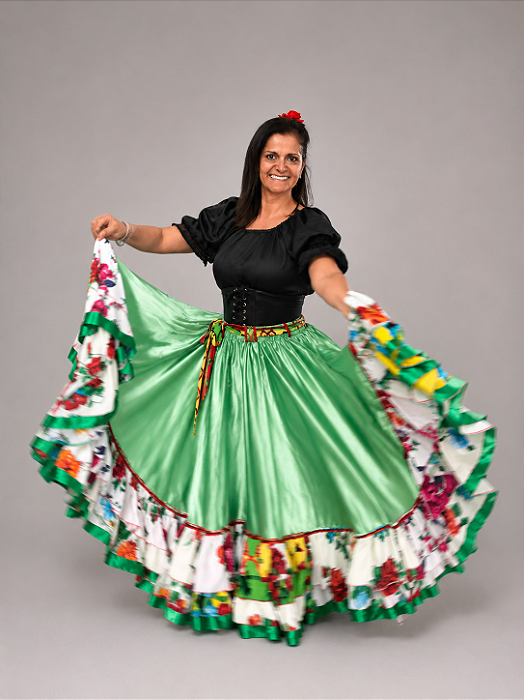 Saia Longa Cigana Sulamita Modelo 2 Babados com 14 metros de roda Verde Claro