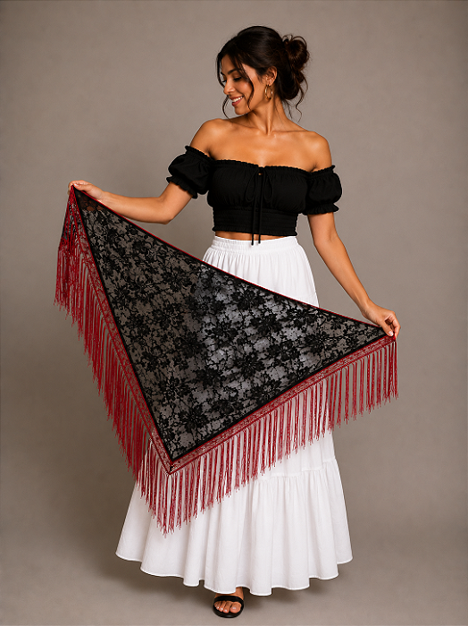 Lenço Xale Longo Feminino Renda Moda Luxo Melhores Presentes Preto e Vermelho