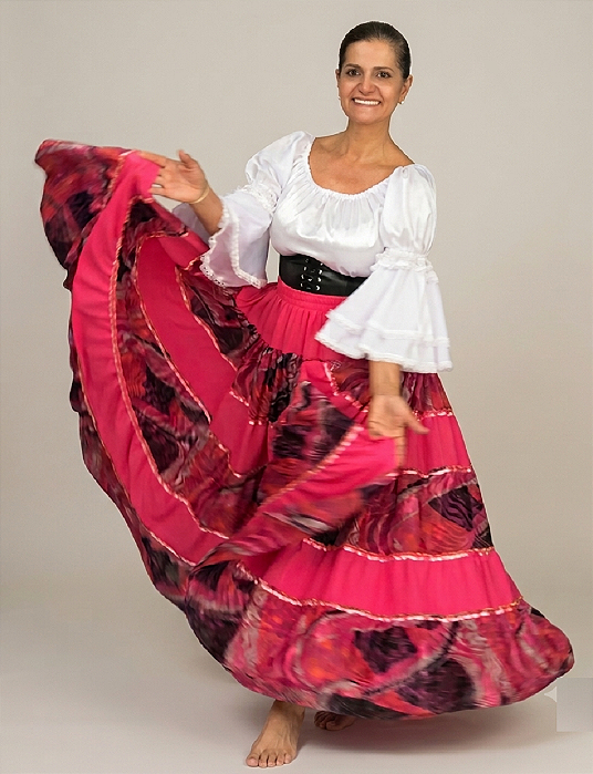 Saia Longa Cigana Modelo Patchwork com 12 metros de roda Rosa