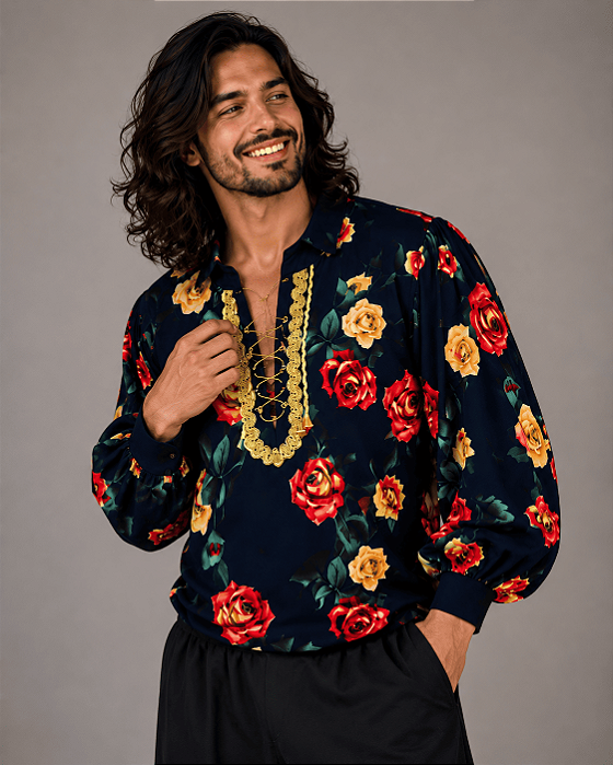 Camisa Cigana Cowboy Moda Luxo Estampada Azul Marinho