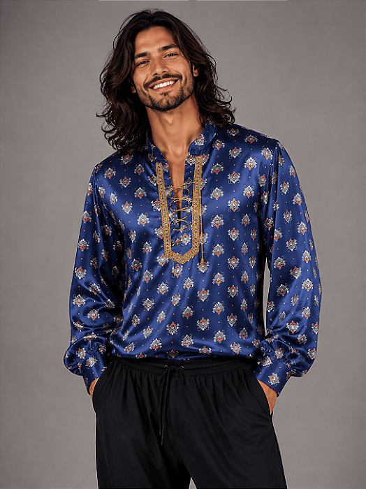 Camisa Cigana Cowboy Moda Luxo Estampada Azul