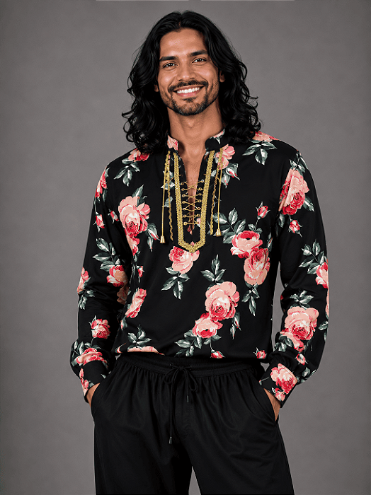 Camisa Cigana Moda Luxo Estampada Preto