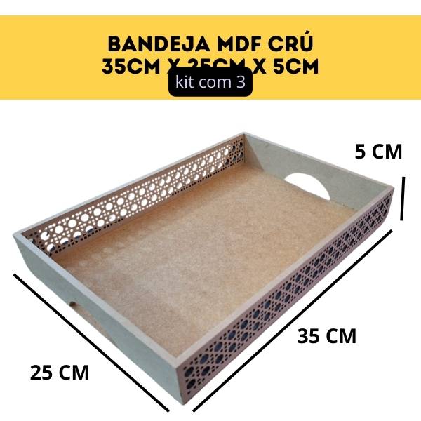 1 Bandeja retangular MDF Cru com detalhes na borda