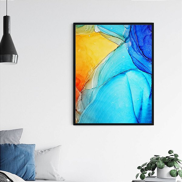 Quadro Decorativo Abstrato Alcohol Ink Amarelo e Azul