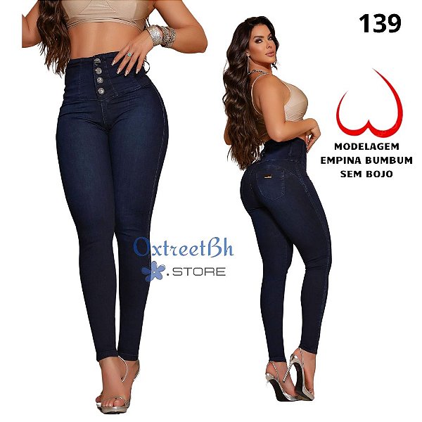 Calça jeans escuro cós super alto