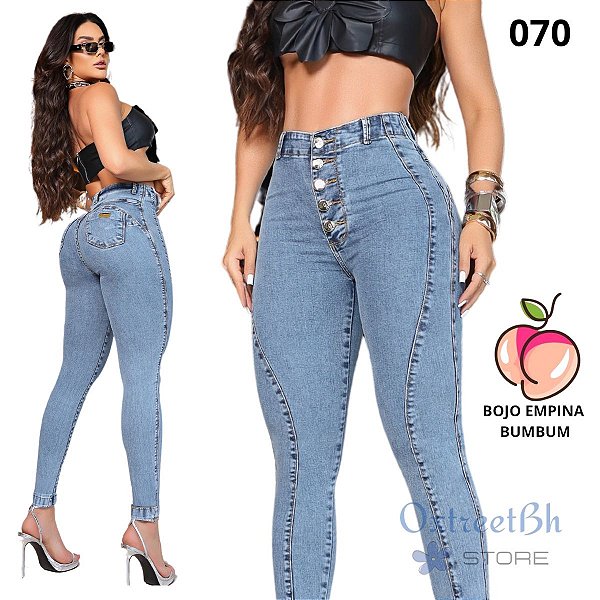 Calça jeans claro 5 botões cós alto