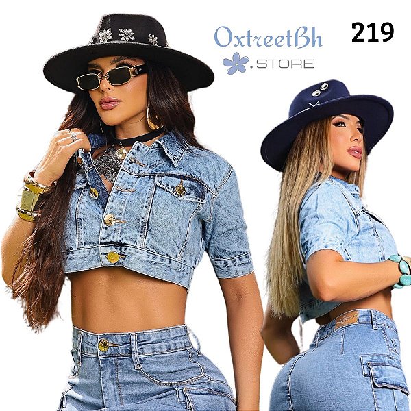 Jaqueta Cropped sem manga jeans marmorizado