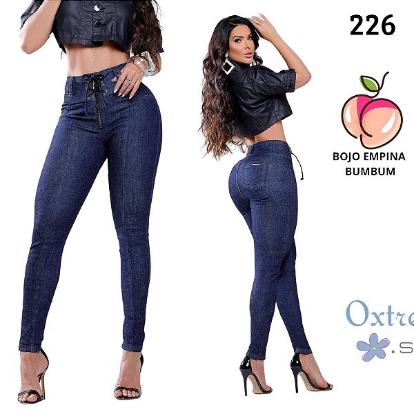 Calça azul escuro zíper e cordão