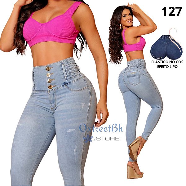 Calça delave com lycra e elastico no cós super alto