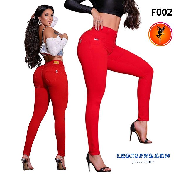 Calça skinny vermelha com lycra e cós super alto