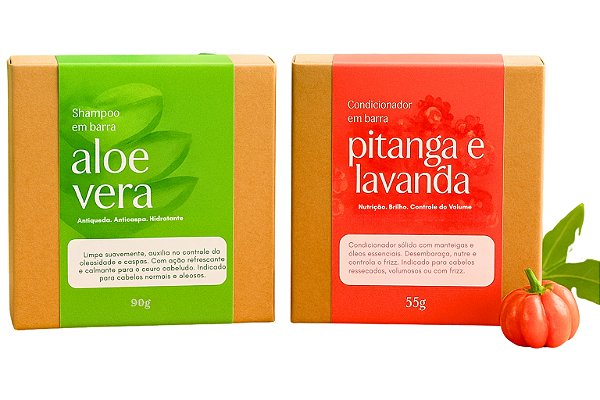 Kit Shampoo Sólido Aloe Vera e Condicionador Pitanga - Hidratação, Anti Queda, Anti Caspa - Cabelos Secos/Normais