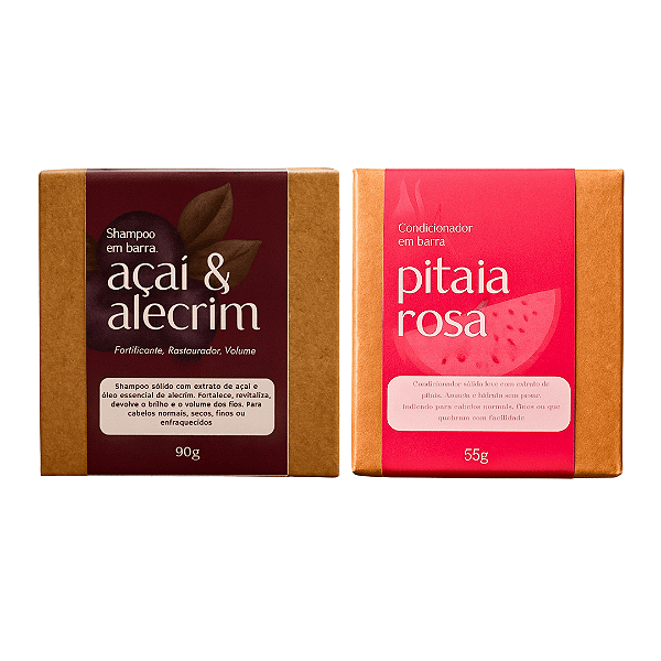 Kit Shampoo Sólido de Açaí e Condicionador de Pitaia - Força e Revitalização Capilar - Cabelos Danificados e Frágeis