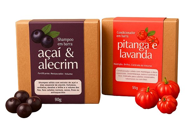 Kit Shampoo Sólido de Açaí e Condicionador de Pitanga - Força e Revitalização Capilar - Cabelos Danificados e Frágeis
