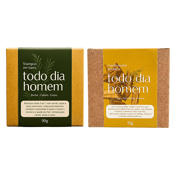 Kit Todo Dia Homem: Shampoo 3 em 1 + Condicionador Sólido Masculino - Anticaspa Volume Hidratação - Cabelo Barba Corpo