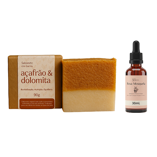 Kit Pele de Porcelana: Sabonete de Açafrão Dolomita + Óleo Rosa Mosqueta 30mL - Clareador Anti-Foliculite Anti-estrias