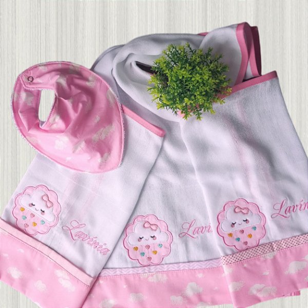 Combo Fraldas de Boca + Fralda de ombro Nuvem + Babador bandana
