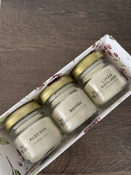 Kit 3 mini velas: Alecrim, Bambu e Limão Siciliano (30g cada)