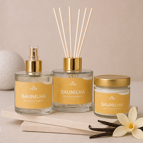 Kit Baunilha - Difusor de Ambiente, Home Spray e Vela Aromática 240ml