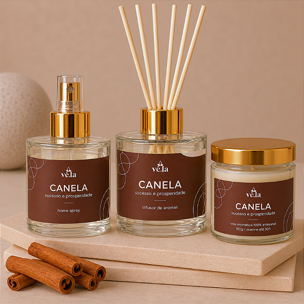 Kit Canela - Difusor de Ambiente, Home Spray e Vela Aromática 240ml