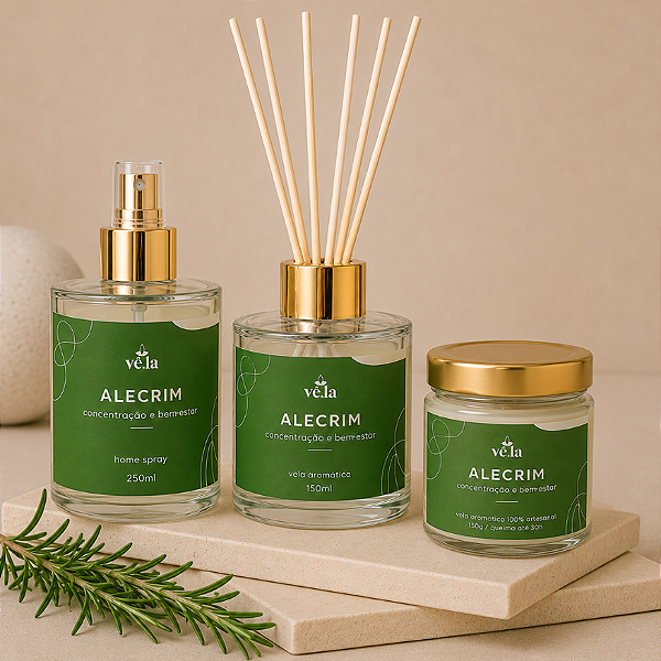 Kit Alecrim - Difusor de Ambiente, Home Spray e Vela Aromática 240ml