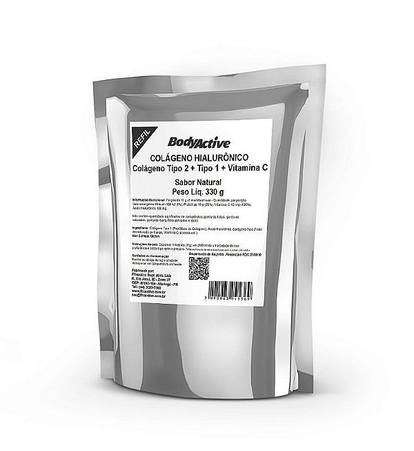 Ácido Hialurônico com Colágeno Tipo 2 Tipo 1 e Vitamina C em Pó 330 G Bodyactive