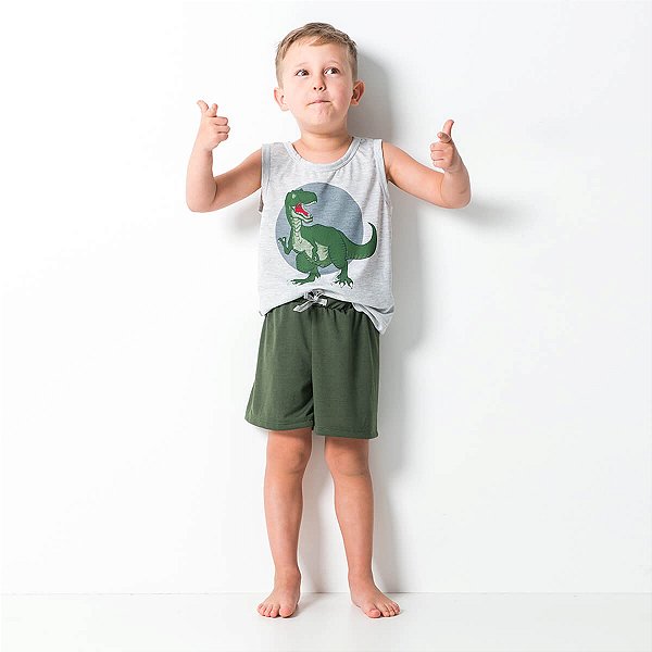 Pijama Infantil Masculino Happy Nap Verão Regatão Dinossauro Mescla e Verde Militar