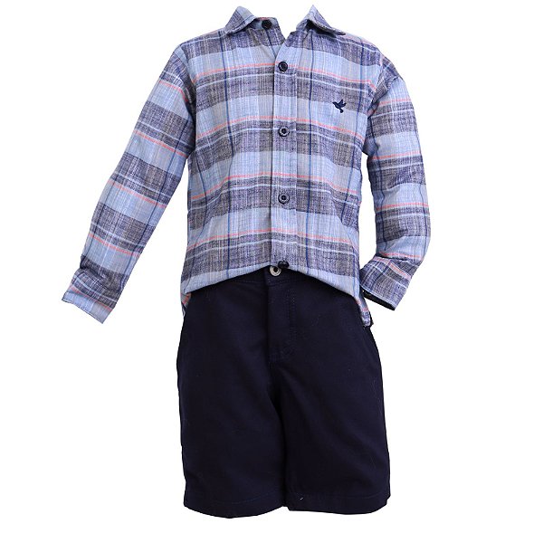 CONJUNTO CAMISA XADREZ E BERMUDA ZIPER MARINHO - Loja Precoce