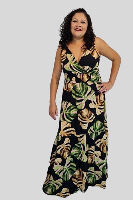 Vestido Feminino Longo  em viscose com alça de amarrar