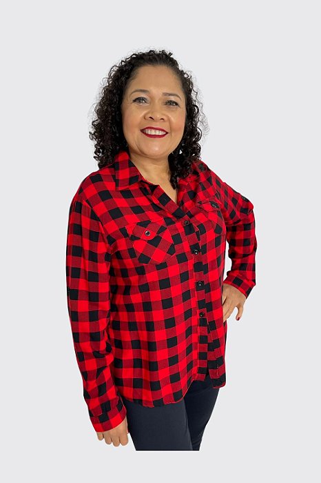 Camisa Xadrez Feminina Manga Longa com Bolsos e Ajuste nas Mangas